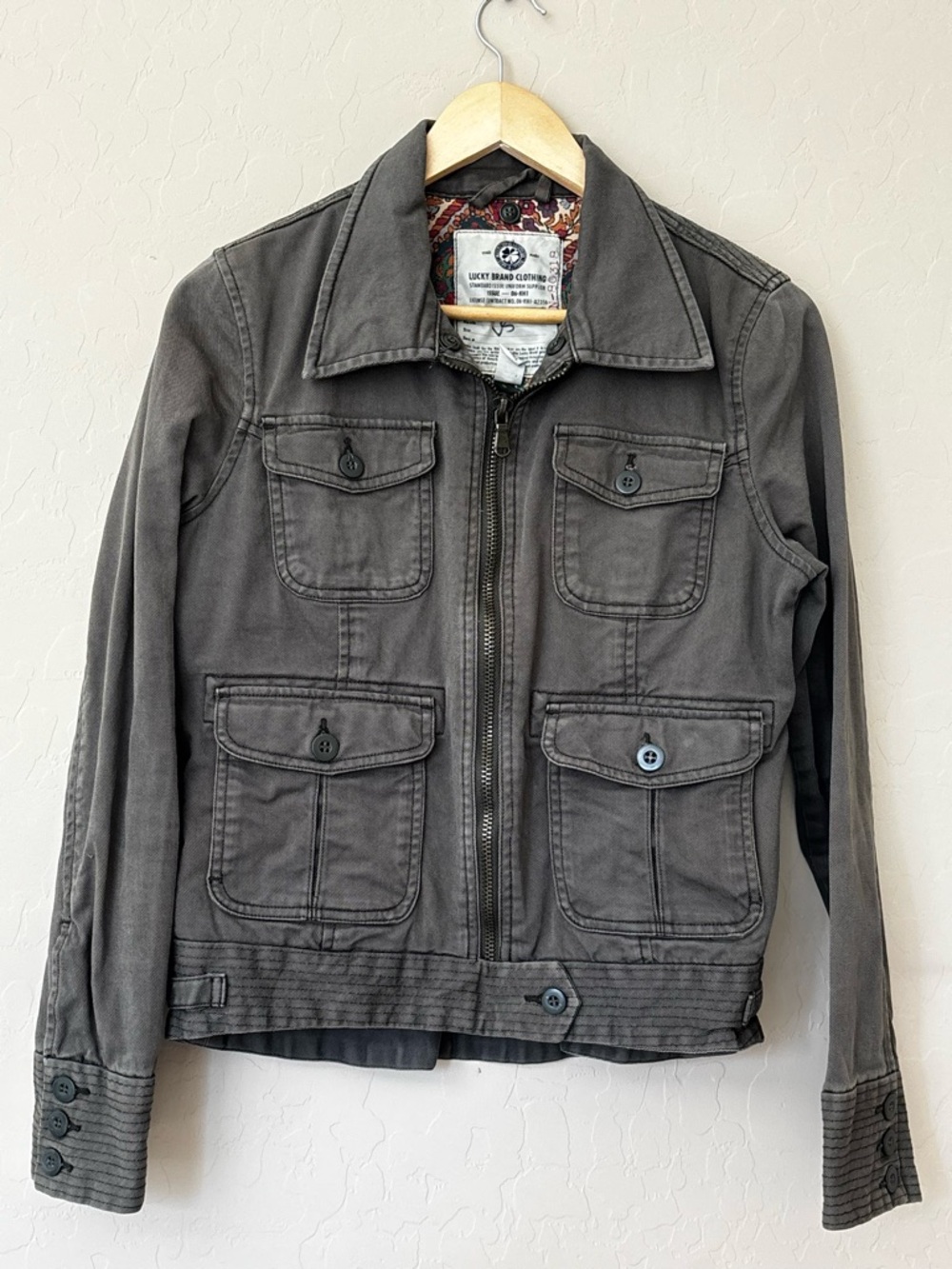 Lucky Brand Women’s Distressed Charcoal Field Utility Jacket -Green & Grey tone